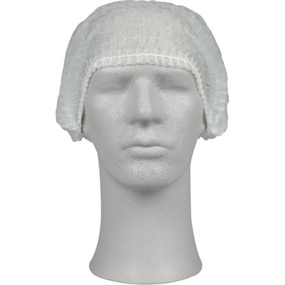 Una cabeza de escaparate blanca muestra una cofia de Abena Re-Seller GmbH, PP, una gorra desechable que ofrece protección higiénica y es ideal para establecimientos médicos y la gastronomía.