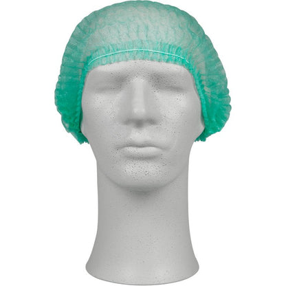 Una cabeza de escaparate blanca muestra una cofia verde de PP de Abena Re-Seller GmbH, ideal para la protección higiénica en el ámbito médico o en la gastronomía. El maniquí está orientado hacia adelante y se encuentra frente a un fondo sencillo.