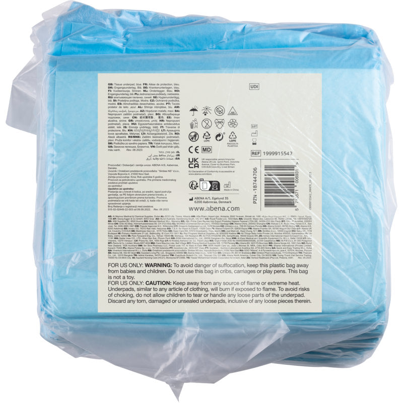 Eine Packung mit 25 ABENA Tissue blau Einweg-Unterlagen, 6-lagig (40x60 cm) von Abena Re-Seller GmbH, kommt in klarem Kunststoff mit einem weißen Frontetikett mit Produktinformationen, Anweisungen und Symbolen.