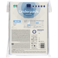 Un envase transparente de la empresa Abena Re-Seller GmbH que contiene protectores lavables con alas, de PU, de 85 x 90 cm, de color azul (paquete de 30 unidades), con información sobre el producto, símbolos y advertencias en la etiqueta frontal, muestra los protectores impermeables doblados que se encuentran en su interior.