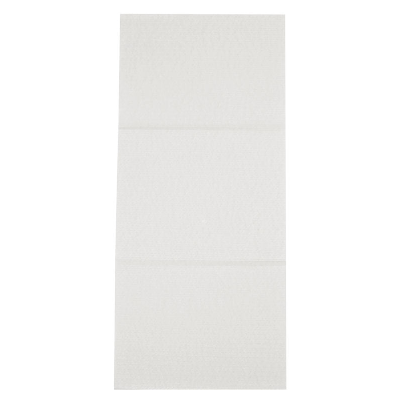 Ein ungefaltetes rechteckiges Einmal-Handtuch, Airlaid, Weiß der Abena Re-Seller GmbH liegt flach auf einer ebenen Fläche mit sichtbaren Falzknicken.