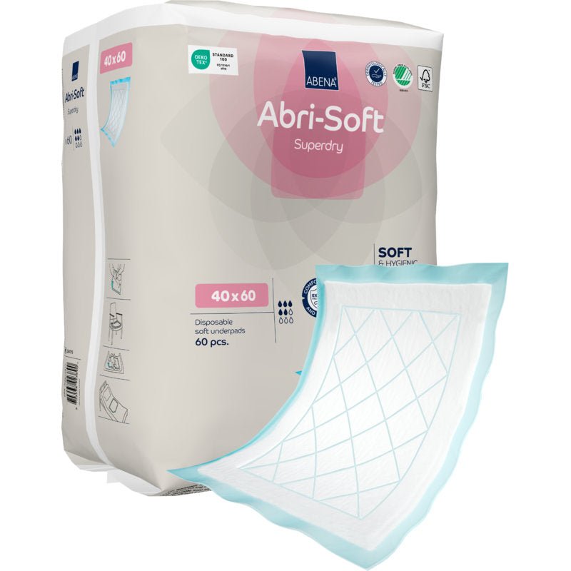 A pack of Abena Re-Seller GmbH disposable pad, Abri-Soft Superdry, Blue, 40x60 cm, 60 pieces - ideal for care facilities. A pad with a white absorbent surface and blue edges is visible outside the package.