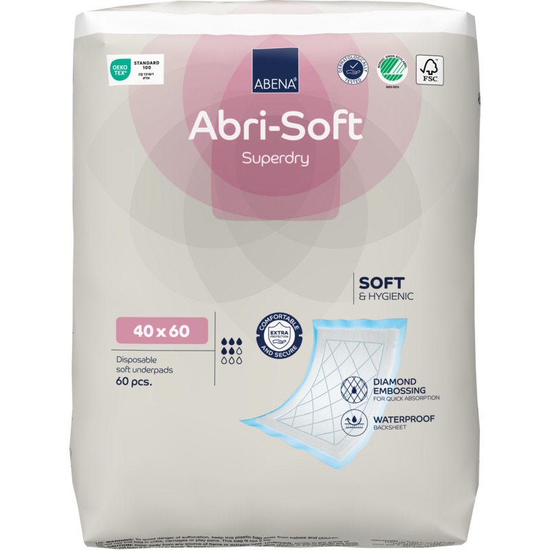 A pack of 60 Abena Re-Seller GmbH disposable pads, Abri-Soft Superdry, Blue (40 x 60 cm). Perfect for care facilities, they are characterized by softness, hygiene, diamond embossing, and a waterproof underside.
