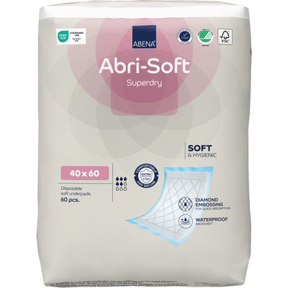 A pack of 60 Abena Re-Seller GmbH disposable pads, Abri-Soft Superdry, Blue (40 x 60 cm). Perfect for care facilities, they are characterized by softness, hygiene, diamond embossing, and a waterproof underside.