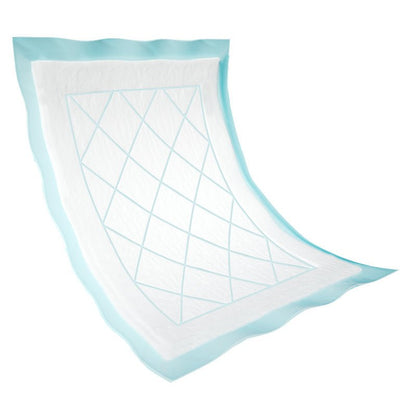 The disposable pad Abri-Soft Superdry Blue from Abena Re-Seller GmbH has a white surface, a light blue edge, and a diamond pattern in the middle. Slightly curved, it is ideal for care facilities and is shown against a white background.