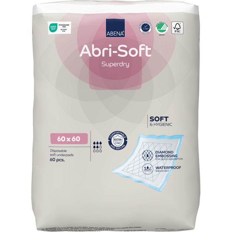 A pack of 60 Abena Re-Seller GmbH disposable pads, Abri-Soft Superdry, Blue (60 x 60 cm) offers softness, hygiene, a waterproof layer, and diamond embossing - ideal as an incontinence insert.