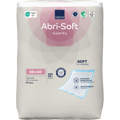A pack of 60 Abena Re-Seller GmbH disposable pads, Abri-Soft Superdry, Blue (60 x 60 cm) offers softness, hygiene, a waterproof layer, and diamond embossing - ideal as an incontinence insert.