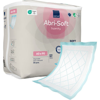 Pictured is a pack of Abena Re-Seller GmbH disposable pad, Abri-Soft Superdry, Blue (60x90 cm) with a single rectangular pad that has a blue edge at the front; the pack contains 30 pieces.