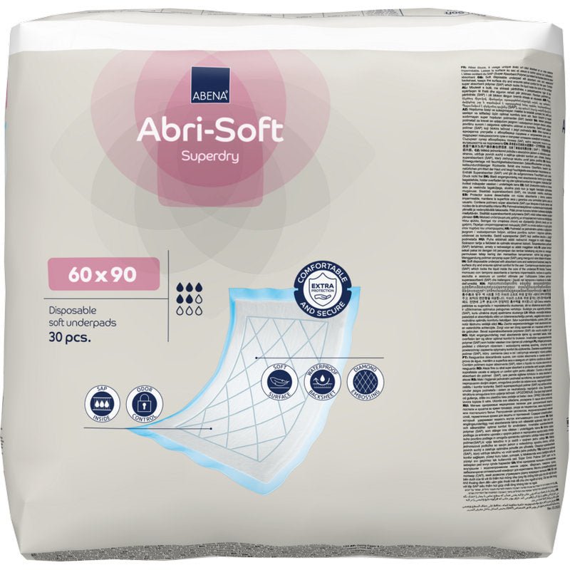 A pack of 30 pieces of Abena Re-Seller GmbH disposable pad, Abri-Soft Superdry, Blue (60 x 90 cm) includes an illustrated packaging with the product features and a schematic of the pad's layers.