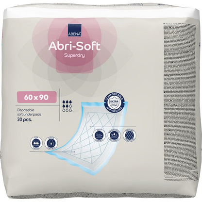 A pack of 30 pieces of Abena Re-Seller GmbH disposable pad, Abri-Soft Superdry, Blue (60 x 90 cm) includes an illustrated packaging with the product features and a schematic of the pad's layers.