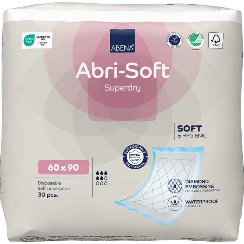 A pack of 30 Abena Re-Seller GmbH disposable pads, Abri-Soft Superdry, Blue (60 x 90 cm) offers comfort, hygiene, diamond embossing, and a waterproof back for reliable protection.
