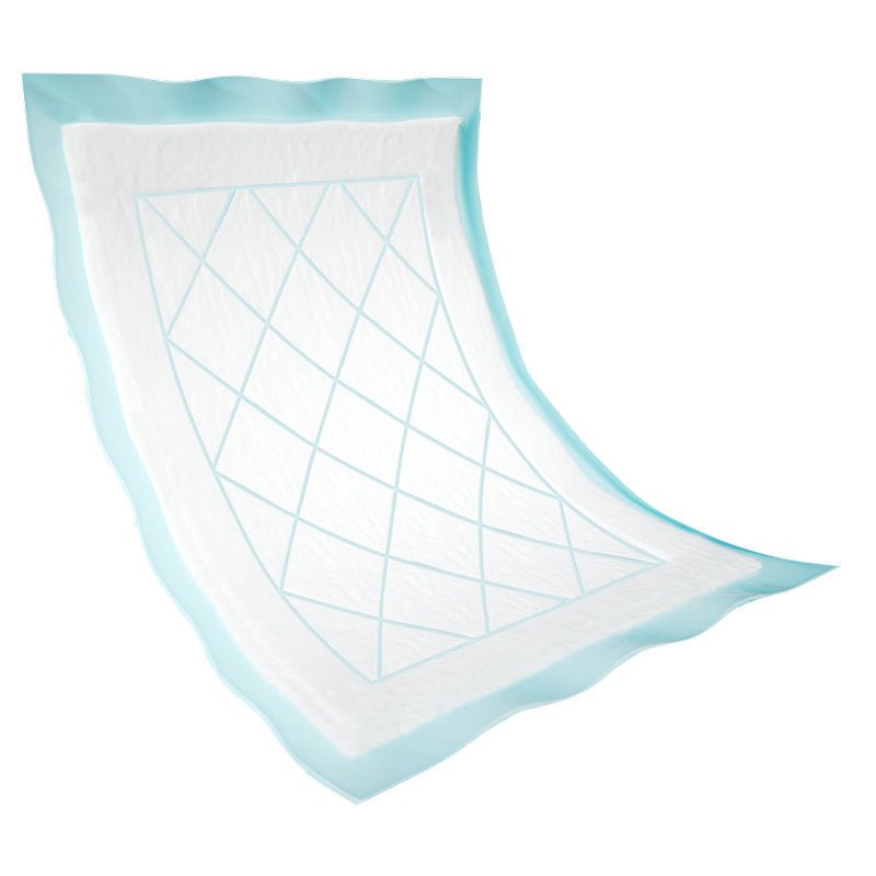 The disposable pad Abri-Soft Superdry Blue from Abena Re-Seller GmbH is a rectangular disposable pad with a quilted white absorbent side and a light blue waterproof back with slightly wavy edges.
