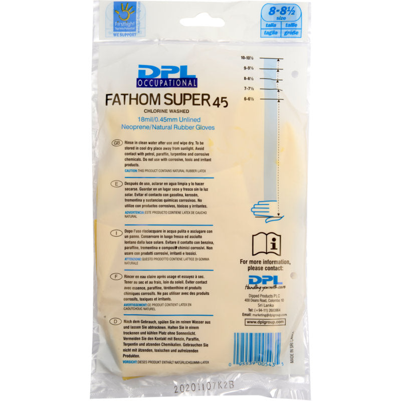 Eine durchsichtige Kunststoffverpackung mit der Aufschrift "Haushaltshandschuhe Latex, Gelb, Neopren" der Abena Re-Seller GmbH, die gelbe Haushaltshandschuhe enthält. Auf der Verpackung sind Produktspezifikationen und Anweisungen in mehreren Sprachen angegeben.