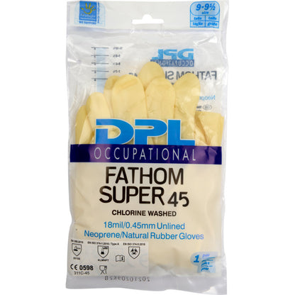 Eine durchsichtige Plastikverpackung enthält Abena Re-Seller GmbH Haushaltshandschuhe Latex, Gelb, Neopren Handschuhe. Die Verpackung zeigt Produktdetails, Größe 9-9,5 und Zertifizierungen.