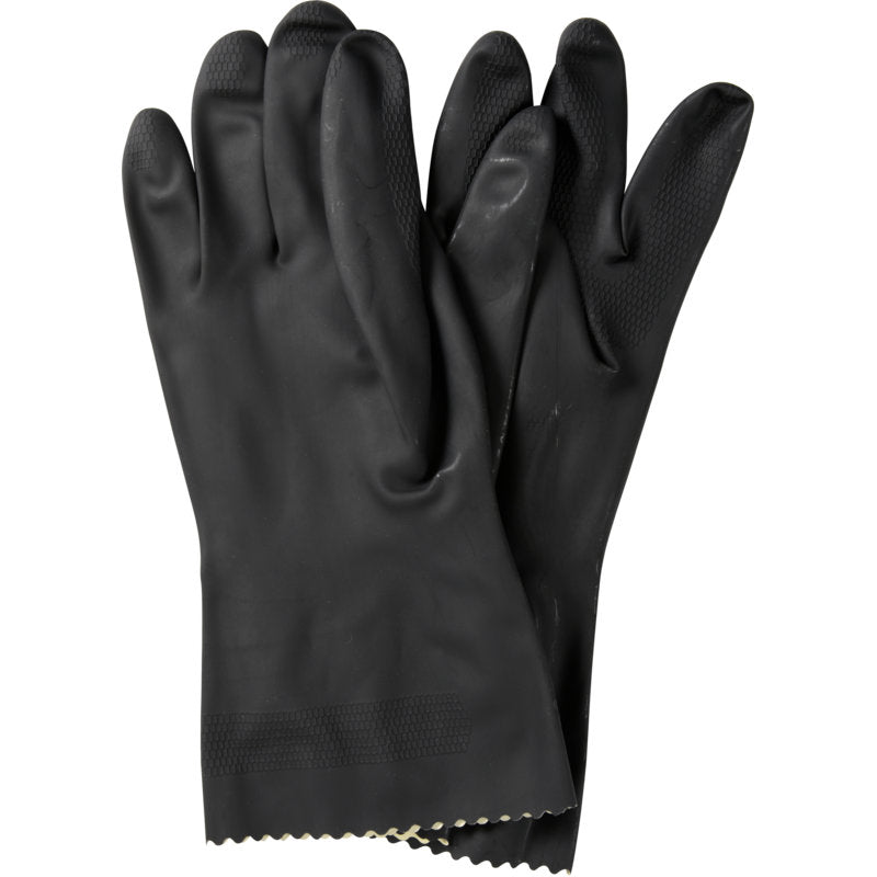 Ein Paar Abena Re-Seller GmbH Haushaltshandschuhe Latex, Schwarz mit texturierten Fingerspitzen und Handflächen, flach auf weißem Hintergrund gelegt.