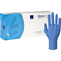 The image shows a box of Abena Re-Seller GmbH Nitrile Gloves "Excellent," powder-free, long, blue, in size large, with a blue, long, powder-free glove standing upright next to the white-and-blue-accented packaging.