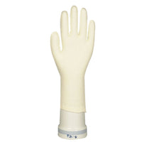 Los guantes de algodón con dedos de Abena Re-Seller GmbH, que aparecen representados en posición vertical con los dedos extendidos y el pulgar separado sobre un soporte cilíndrico blanco, son perfectos para la jardinería y la seguridad laboral.
