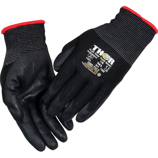 Ein Paar schwarze Thor Flex Winterhandschuhe mit strukturiertem Griff, rot eingefassten Stulpen und aufgedruckten Sicherheitszertifikaten auf der Rückseite von Abena Re-Seller GmbH.