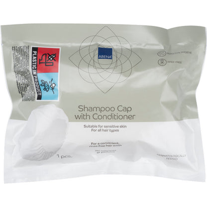 Eine versiegelte Packung der Abena Re-Seller GmbH enthält eine weiße Shampoo-Haube (ø 32 cm), dermatologisch getestet, geeignet für empfindliche Haut und alle Haartypen - ideal für die Anwendung ohne Ausspülen (Haare ohne Wasser waschen).