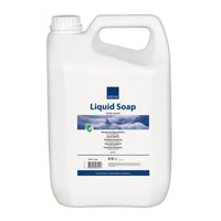 Un recipiente grande de plástico blanco con asa y tapón de rosca, en el que se lee «Abena Re-Seller GmbH Jabón líquido de manos, ligeramente perfumado». La etiqueta multilingüe ofrece información sobre el producto.