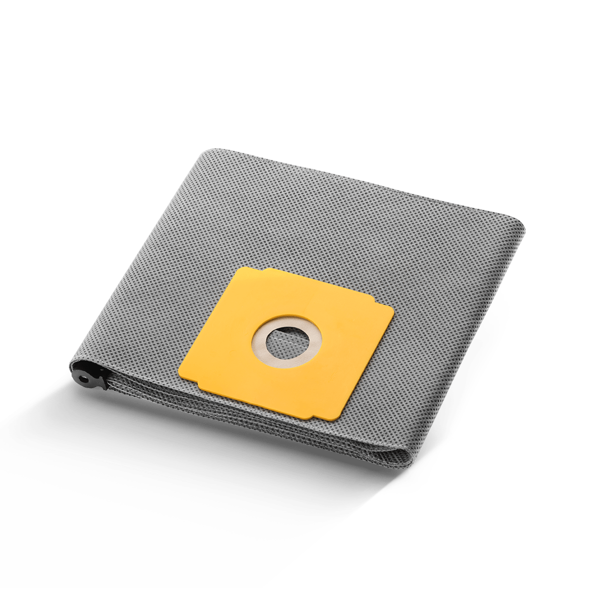 Un Arcora Pro1Plus Filtro de oxígeno duradero reutilizable de Arcora International GmbH, gris con conexión de plástico amarillo, está plegado sobre un fondo blanco liso.