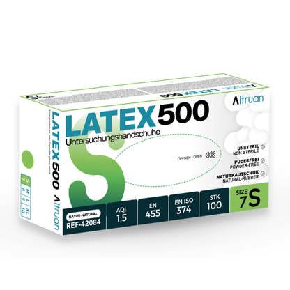 Eine Schachtel mit Altruan Latex 500 Einmalhandschuhe, natur, Größe 7S. Enthält 100 Stück, puderfrei und unsteril. Produktdetails auf Deutsch und Englisch. Ideal für alle, die hochwertige Altruan Latex Handschuhe suchen.