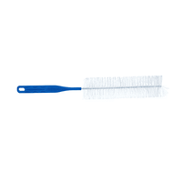 The AMPri Urine Bottle Brush from AMPri Handelsgesellschaft mbH is a long, cylindrical brush that is 37 cm long, with white bristles and a blue plastic handle. The handle has a hole at the end for hanging. The soft bristles are evenly distributed across the brush and are specifically designed for cleaning urine bottles. This product comes in a pack of 10 and is available in white and blue.