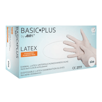 En la imagen se muestra una caja de guantes de látex AMPri BASIC-PLUS sin talco, blancos | Caja (100 unidades) de AMPri Handelsgesellschaft mbH. La caja blanca con detalles en azul contiene guantes sin látex, no estériles y que se pueden llevar en cualquier mano. El texto está en inglés y alemán, y hay una ilustración de una mano con un guante puesto. Ideal para la protección higiénica en la industria alimentaria.