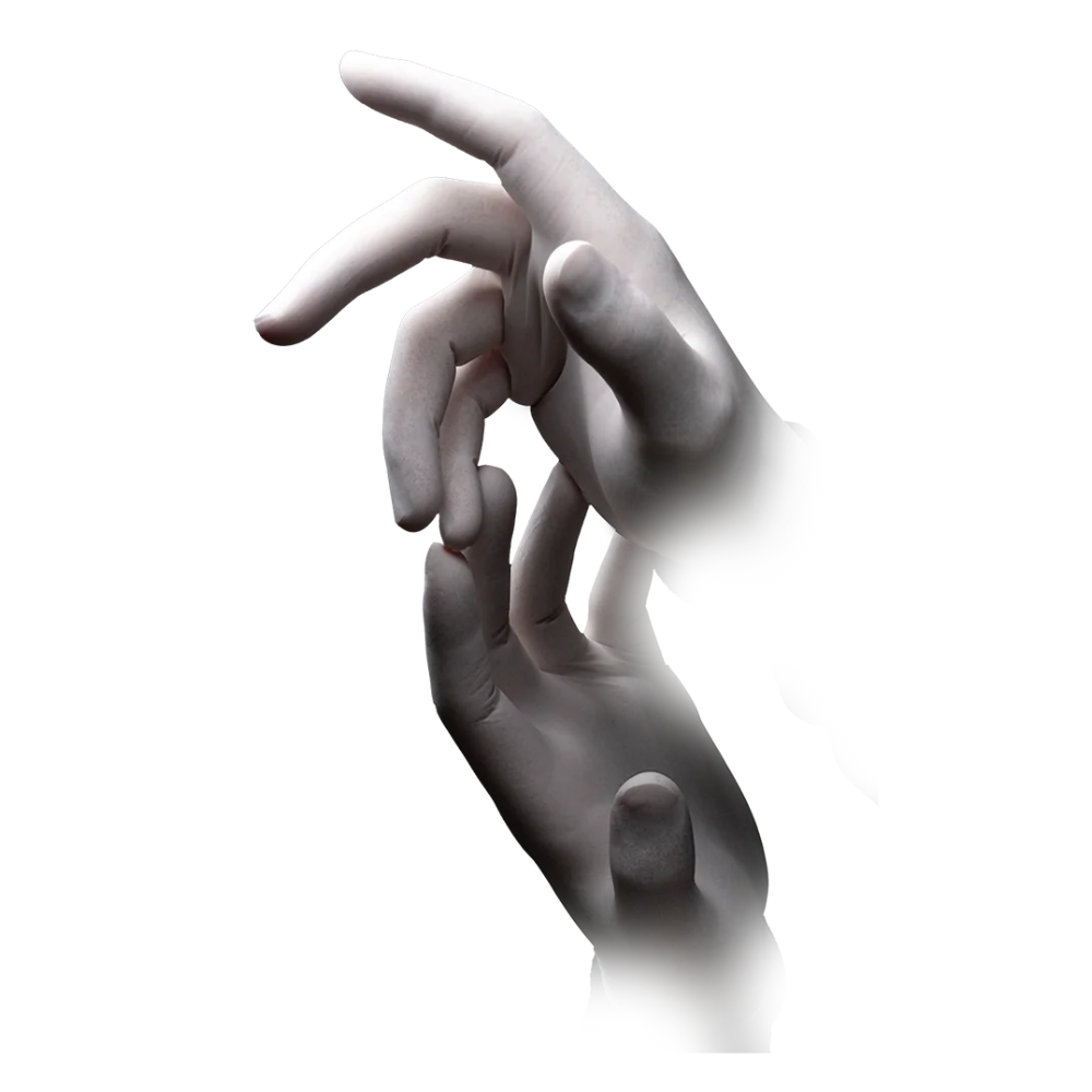 Et nærbilde viser to hender hvis fingre forsiktig berører hverandre. Hendene og fingrene, elegant dekorert med AMPri BASIC-TOUCH latekshansker, pudderfri, hvit fra AMPri Handelsgesellschaft mbH, er delvis uskarpe mot håndleddene, slik at en oppløsningseffekt oppstår mot en hvit bakgrunn.