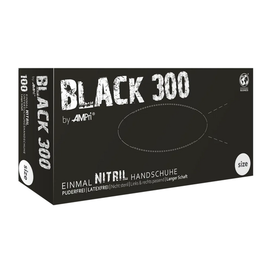 Ampri Black 300 Mănuși de nitril cu exces de lungime, negru | Cutie (100 de bucăți)