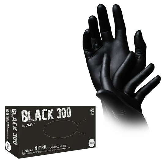 Ampri Black 300 Mănuși de nitril cu exces de lungime, negru | Cutie (100 de bucăți)