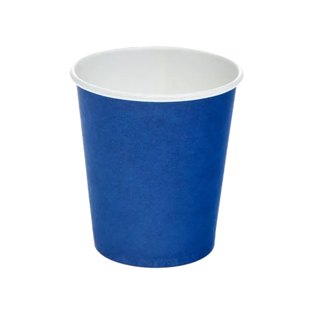 El vaso de enjuague bucal de cartón rígido AMPri Dental, un producto de AMPri Handelsgesellschaft mbH, es azul por fuera y blanco por dentro, lo que lo hace ideal para un solo uso en el consultorio dental. El vaso es claramente visible sobre un fondo blanco.