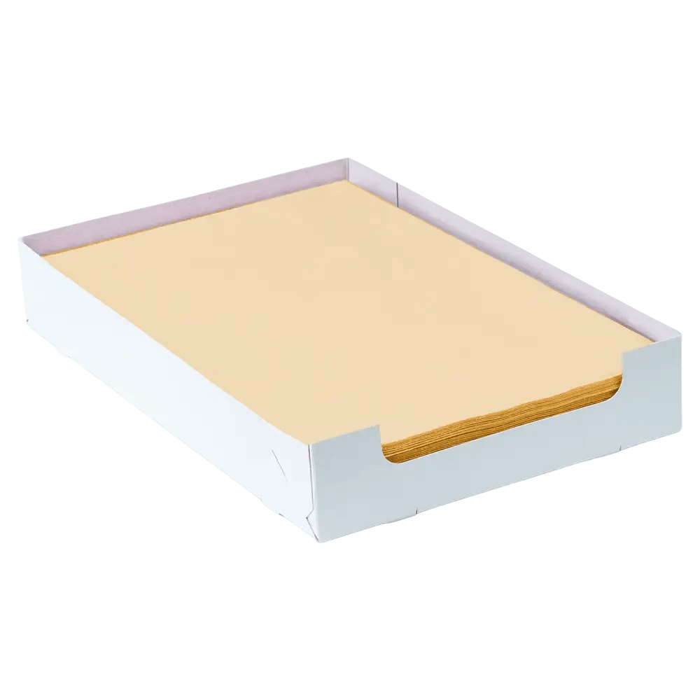 A stack of beige AMPri Dental crepe liner tray filter paper sheets, measuring 18 x 28 cm, is neatly arranged in an open white cardboard box without a lid. The box was designed by AMPri Handelsgesellschaft mbH to ensure that the paper stays securely in place.