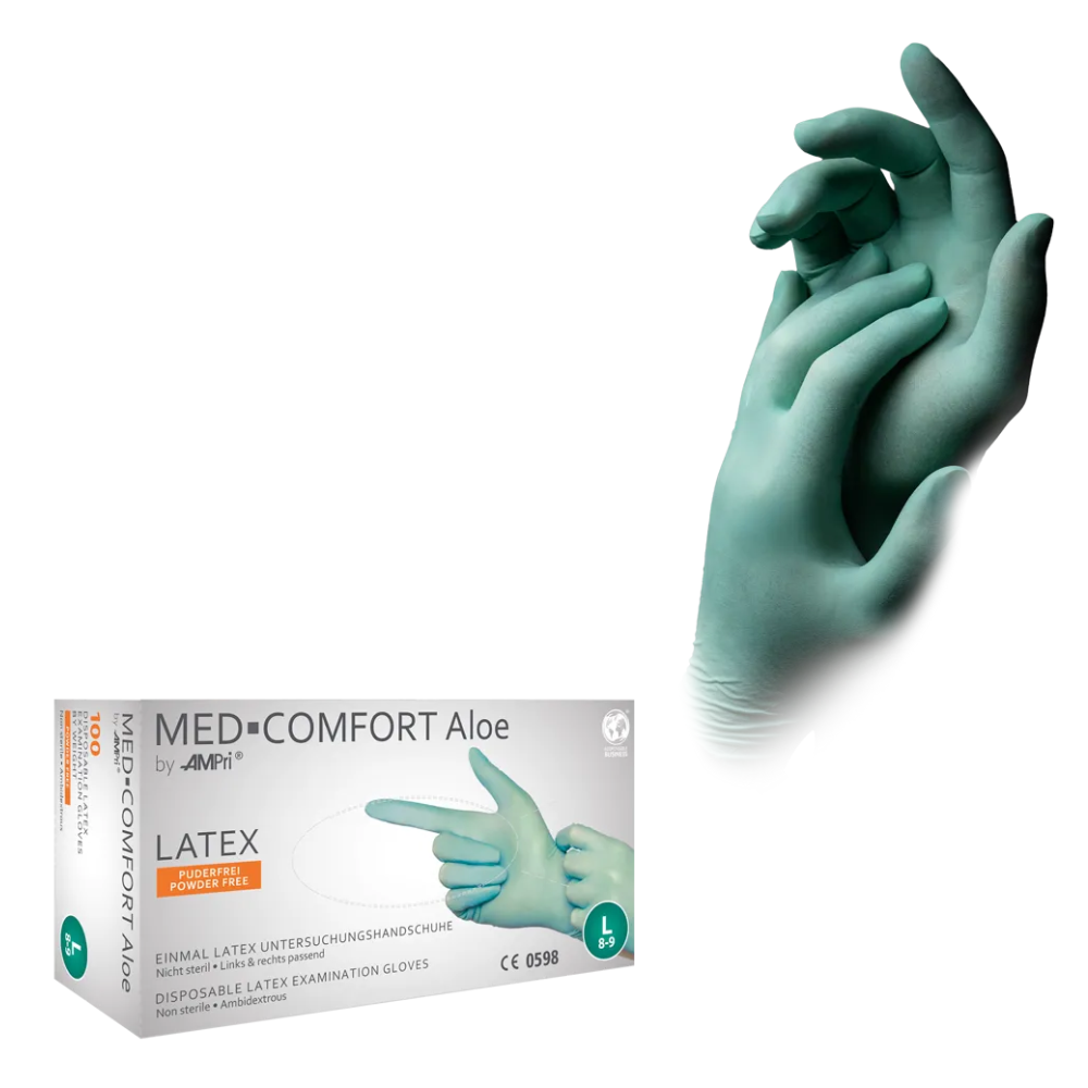 Et mintgrønt par medisinske undersøkelseshansker som holder hverandre. Under dem er det en hvit eske med teksten "AMPri MED-COMFORT Aloe Latexhansker pudderfri" og andre produktdetaljer. Esken fra AMPri Handelsgesellschaft mbH viser bildet av en hånd som bærer hanskene.