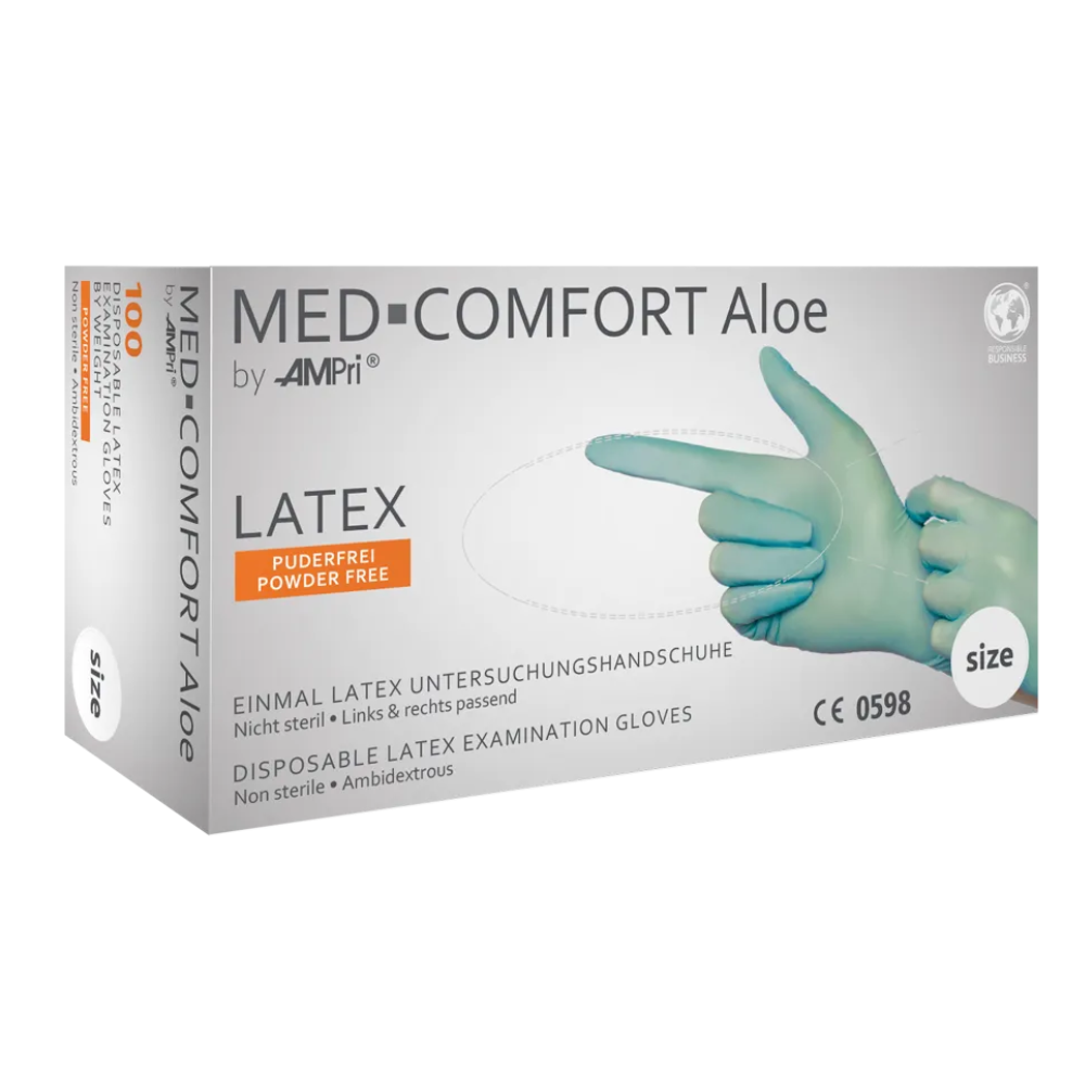 Bildet viser en eske AMPri MED-COMFORT Aloe Latexhansker pudderfri, mintgrønn fra AMPri Handelsgesellschaft mbH. Disse engangsundersøkelseshanskene av latex er usterile, pudderfrie og passer til begge hender. Esken viser et bilde av hender med hansker og indikerer at de er egnet for engangsbruk. Esken inneholder 100 hansker.