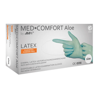La imagen muestra una caja de guantes de látex AMPri MED-COMFORT Aloe, sin talco y de color verde menta, de la empresa AMPri Handelsgesellschaft mbH. Estos guantes de examen desechables de látex no están esterilizados, no contienen talco y son aptos para ambas manos. La caja muestra una imagen de unas manos con guantes e indica que son de un solo uso. La caja contiene 100 guantes.
