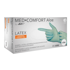 The image shows a box of AMPri MED-COMFORT Aloe powder-free latex gloves in mint green from AMPri Handelsgesellschaft mbH. These disposable latex examination gloves are non-sterile, powder-free, and suitable for both hands. The box features an image of gloved hands and indicates that they are intended for single use. The box contains 100 gloves.