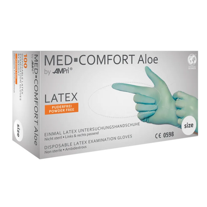 Bildet viser en eske AMPri MED-COMFORT Aloe Latexhansker pudderfri, mintgrønn fra AMPri Handelsgesellschaft mbH. Disse engangsundersøkelseshanskene av latex er usterile, pudderfrie og passer til begge hender. Esken viser et bilde av hender med hansker og indikerer at de er egnet for engangsbruk. Esken inneholder 100 hansker.