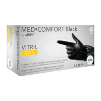 La imagen muestra una caja de guantes Vitril AMPri MED-COMFORT BLACK sin talco, de color negro, de la empresa AMPri Handelsgesellschaft mbH. La caja es predominantemente blanca, con texto en negro y amarillo, y muestra una mano con un guante puesto. Los guantes no contienen talco y el envase cuenta con la certificación CE.