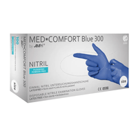 A white box bearing the brand name “AMPri Handelsgesellschaft mbH” and the label “AMPri MED-COMFORT BLUE 300 Nitrile Gloves, Extra Long, Powder-Free, Blue | Box (100 pieces)” contains 100 disposable nitrile examination gloves. These gloves are powder-free, latex-free, non-sterile, and suitable for both hands. The box features an image of a blue glove along with product information.