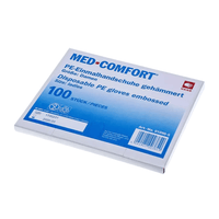 A box of AMPri MED-COMFORT PE gloves, hammered, transparent, for women. The white box with blue text reads “100 Stück / Pieces” and is marked with the product number 01990-S on the front. This product is ideal for single-use applications in the food industry and is offered by AMPri Handelsgesellschaft mbH.