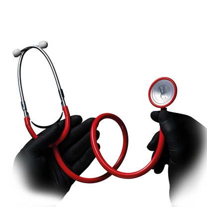 A person with black gloves holds a red AMPri MED-COMFORT PVC flathead stethoscope, whose spiral tube is presumably made of polyvinyl chloride. The ear tips are visible at one end and the diaphragm at the other, against a white background – ideal for use in hospitals.