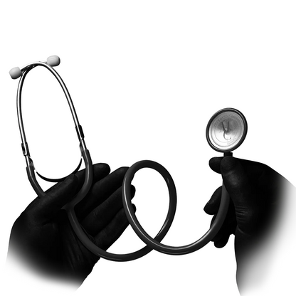 A pair of black-gloved hands holds the AMPri MED-COMFORT PVC flathead stethoscope from AMPri Handelsgesellschaft mbH against a white background. The partially coiled stethoscope is made of polyvinyl chloride. One hand holds the ear tips and the other the diaphragm.