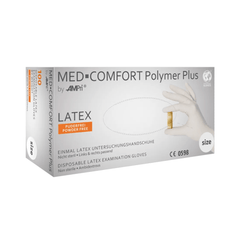 Una caja de guantes de látex AMPri MED-COMFORT Polymer Plus, sin talco, blancos | Caja (100 unidades) de AMPri Handelsgesellschaft mbH. La caja blanca, con etiquetas en varios idiomas, indica que los guantes no contienen talco y no están esterilizados. Se muestra un guante en la mano. El tamaño de la caja se indica en el lateral y se hacen hincapié en sus propiedades de protección química.