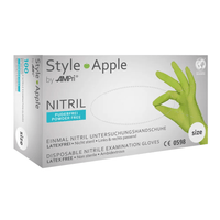 En la imagen se muestra una caja de guantes de nitrilo AMPri STYLE APPLE sin talco de MED-COMFORT, en color verde manzana, de AMPri Handelsgesellschaft mbH. Los guantes no contienen látex, no están esterilizados y son aptos para ambas manos. El texto de la caja está escrito principalmente en alemán e incluye la talla de los guantes y los detalles de la certificación.