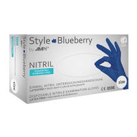 A white box of MED-COMFORT AMPri STYLE BLUEBERRY powder-free nitrile gloves, labeled “Style Blueberry by AMPri Handelsgesellschaft mbH,” features an image of a hand wearing blue gloves along with text indicating that the dark blue gloves are latex-free, non-sterile, powder-free, and ambidextrous. The box contains 100 nitrile examination gloves.