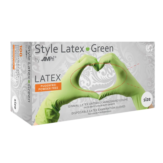 Guantes de látex verde de estilo AMPri sin polvo por Med-Comfort, verde | Caja (100 piezas)