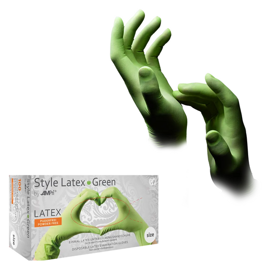 Guantes de látex verde de estilo AMPri sin polvo por Med-Comfort, verde | Caja (100 piezas)