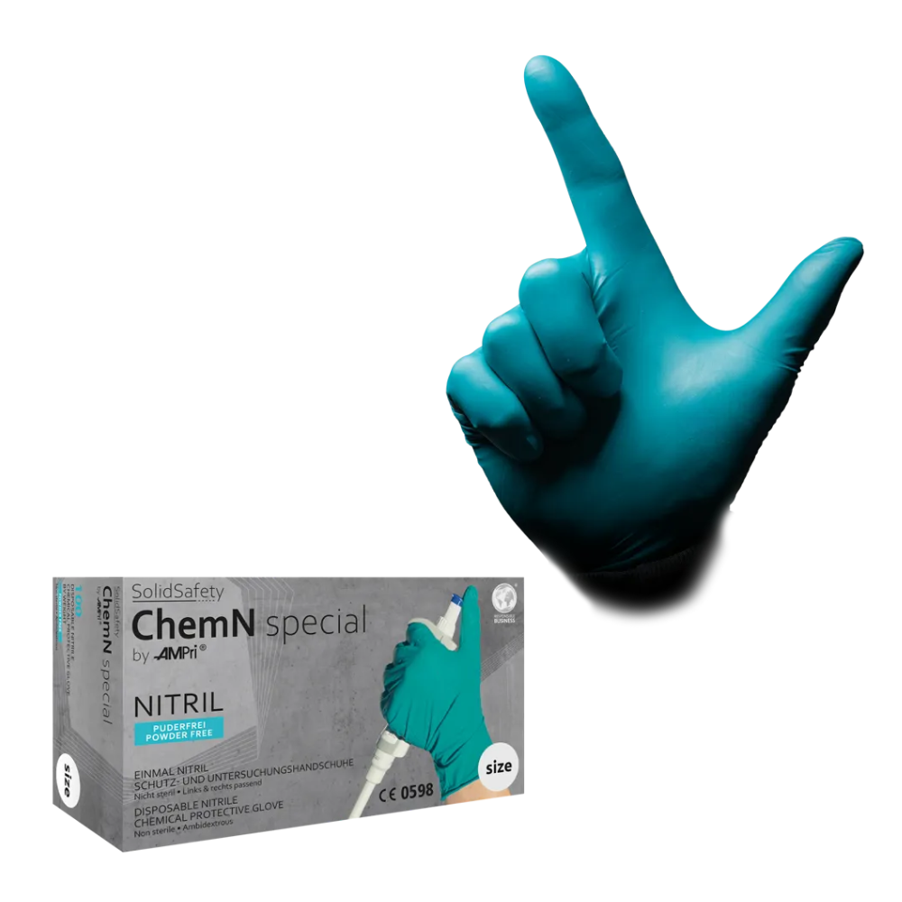 A blue nitrile glove from the AMPri SolidSafety ChemN Special Nitrile Chemical Protection Gloves collection is worn on a hand forming an "L" with the thumb and index finger. Below is a box labeled "AMPri SolidSafety ChemN Special," containing chemical-resistant nitrile disposable gloves from AMPri Handelsgesellschaft mbH.