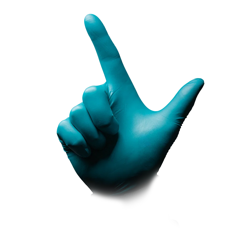 A hand clad in a blue glove, wearing AMPri SolidSafety ChemN Special Nitrile Chemical Protection Gloves from AMPri Handelsgesellschaft mbH, is isolated against a white background. The thumb and index finger are extended in an L-shape, while the other fingers are curled inward.